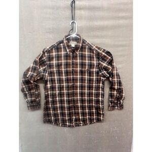 Duluth Trading Co Shirt Mens Large Tall Brown Black Plaid Flannel Long Sleeve